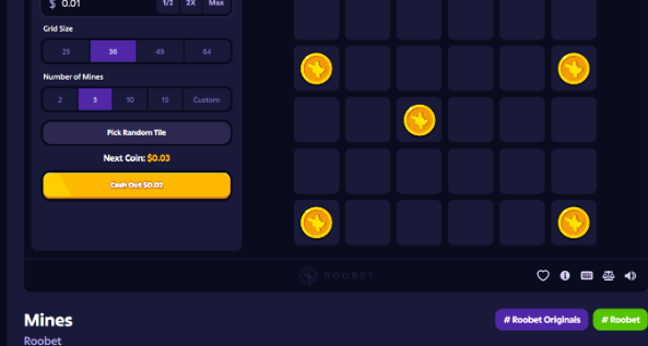 A screenshot of the Roobet Mines game with a 5x5 grid showing five revealed gold star tiles, configured on a 5-tile grid with 8 mines, a $0.01 bet size, and a cash-out option for $0.03. The image illustrates the small, incremental betting strategy referenced in the post about gradually accumulating wins through minor plays rather than large bets.