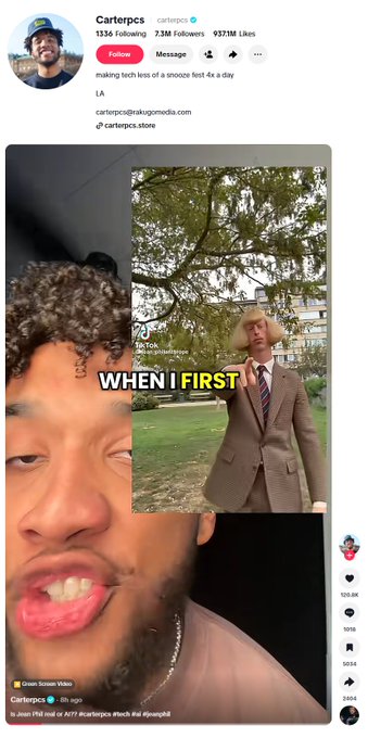 A screenshot of an Instagram post from Carterpcs (@carterpcs) with 7M followers, showing a split image of a man's face alongside another video with the caption 'WHEN I FIRST'.
