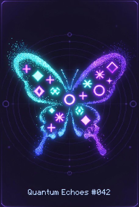 A neon digital artwork of a butterfly made of glowing particles in cyan and magenta with geometric symbols, titled 'Quantum Echoes #042'.