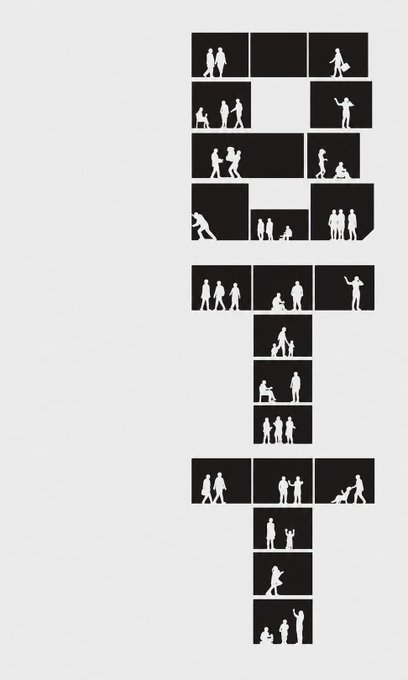 The image depicts the letters "GM" (Good Morning) creatively formed using black rectangular frames, with each box containing white silhouettes of people engaged in various daily activities—walking, pushing strollers, and taking photos. The design directly visualizes the phrase "GM" alongside the caption's note about "human traffic," using the silhouettes to represent the bustling movement of people throughout the morning.