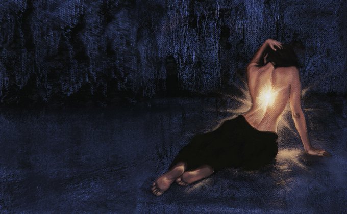 A digital illustration depicting a figure in a black dress lying on the floor with a bright glowing light emanating from their back, set in a dark blue atmosphere.