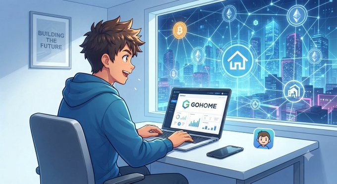 An anime-style illustration of a young man with brown hair in a blue hoodie working on a laptop displaying "GOHOME" on a screen, with a "BUILDING THE FUTURE" poster behind him and a crypto-themed cityscape visible through the window.