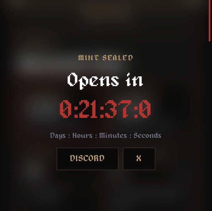 A dark-themed countdown timer interface labeled "MINT SEALED" with "Opens in" displaying a time of 0:21:37:0, featuring buttons for "DISCORD" and "X" (Twitter).