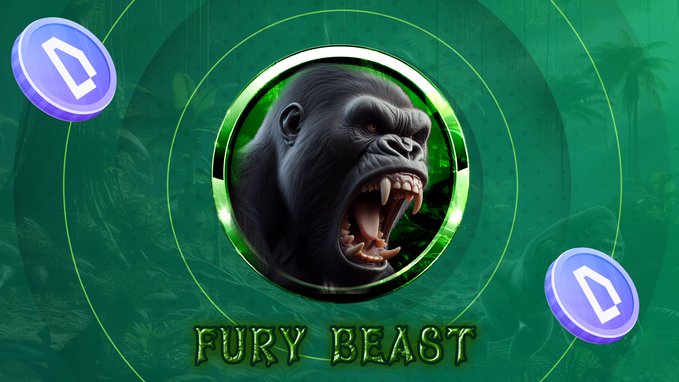 The image features a fierce, roaring gorilla centered within a green circular emblem, flanked by two blue $WOD coin icons on either side, with "FURY BEAST" displayed in bold text below. This visual perfectly matches the post's announcement of the "Fury Beast" challenge, where players battle a raging gorilla to earn points and Stars on the Global Leaderboard.