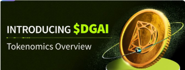 A promotional banner introducing "$DGAI" with the subtitle "Tokenomics Overview," featuring a stylized gold coin with a geometric logo against a dark green background. The image visually represents the announcement of DGrid's AI token and tokenomics details, aligning with the post discussing DGrid's airdrop and claim deadline of August 22 at 08:00 UTC.