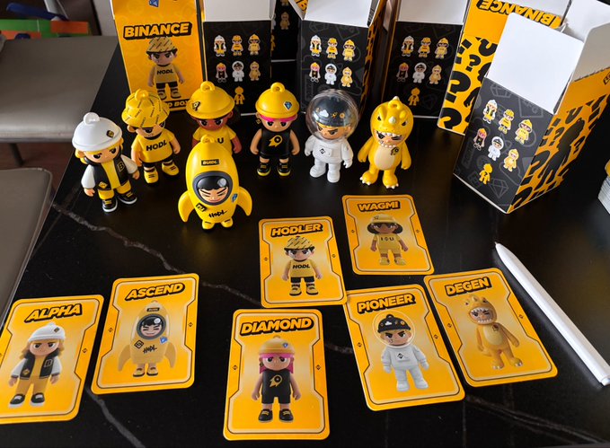 The image features a collection of yellow plastic action figures displayed on a black surface. There are nine action figures in total, each with unique poses and outfits. The action figures are arranged in various positions, creating an interesting visual display. In addition to the action figures, there is also a small white box containing more action figures, suggesting that this could be part of a Binance trading card game or a collection of action figure toys.

The post about unboxing the hidden variant from Binance's mystery box seems to be related to these action figures and their packaging. The image captures the excitement of discovering new items in an online trading card game, as well as showcasing the physical collectible aspect of such games.