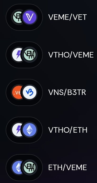 A dark-themed list displaying cryptocurrency trading pairs with token logos, including VEME/VET, VTHO/VEME, VNS/B3TR, VTHO/ETH, and ETH/VEME.