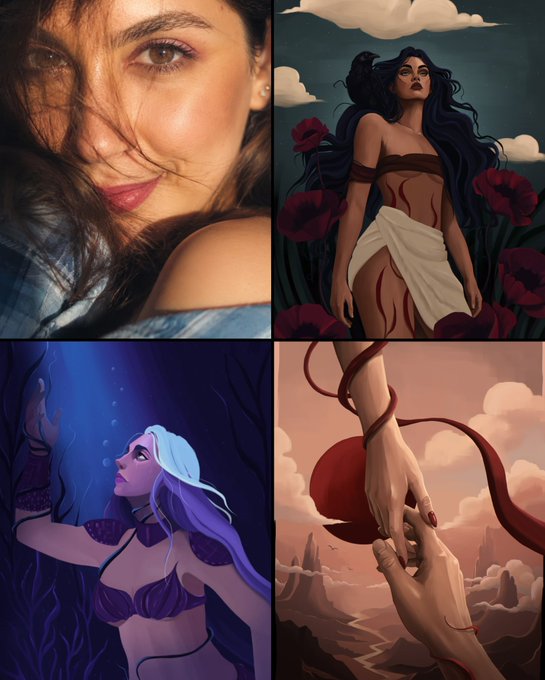 A four-panel illustration featuring stylized artwork of women in various settings, including one with dark hair among red flowers, another as an underwater mermaid, and hands nearly touching in a desert landscape.