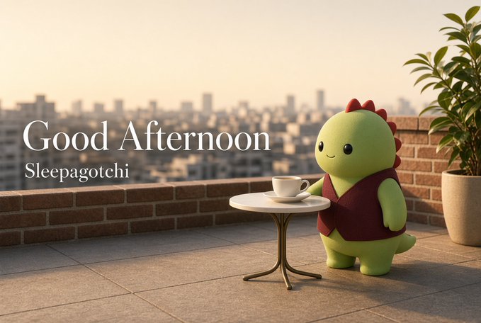 An adorable green mascot character with red spikes sits at a small table with a coffee cup on a rooftop terrace with a city skyline, captioned 'Good Afternoon Sleepagotchi'.