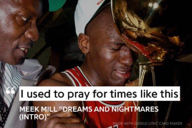 A close-up image of a man crying while kissing a gold championship trophy, overlaid with the Meek Mill lyric "I used to pray for times like this" from "Dreams and Nightmares (Intro)," symbolizing the realization of long-awaited success—mirroring the post's reference to finally witnessing the rapid, prayer-worthy developments happening onchain.