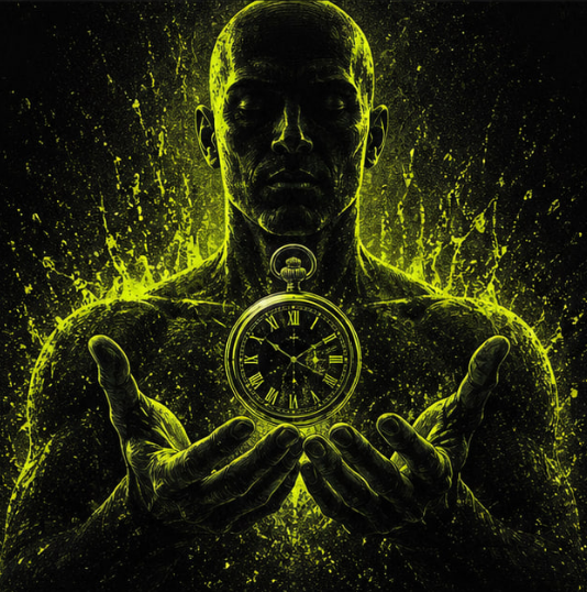A shadowy figure cradles a glowing yellow pocket watch with Roman numerals, surrounded by splashing liquid against a dark background. The image visually reinforces the post's message about time as an irreplaceable asset, with the token "$TIME 0x8755c1f62cfb0fad7a3dfe6ee00585b594bcc981" symbolizing the urgency of valuing each passing moment.