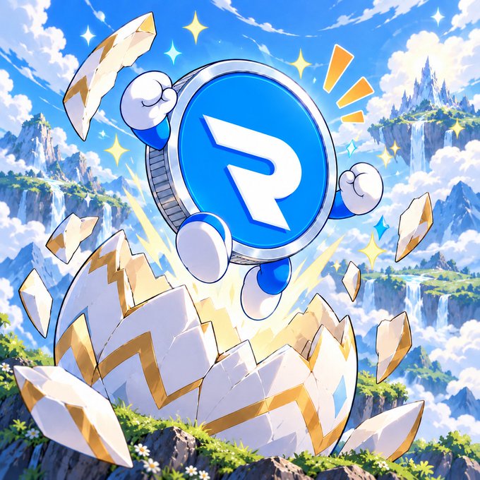 An animated illustration of an anthropomorphic coin character with an 'R' logo bursting out of a giant cracked egg against a bright blue sky and floating mountains.