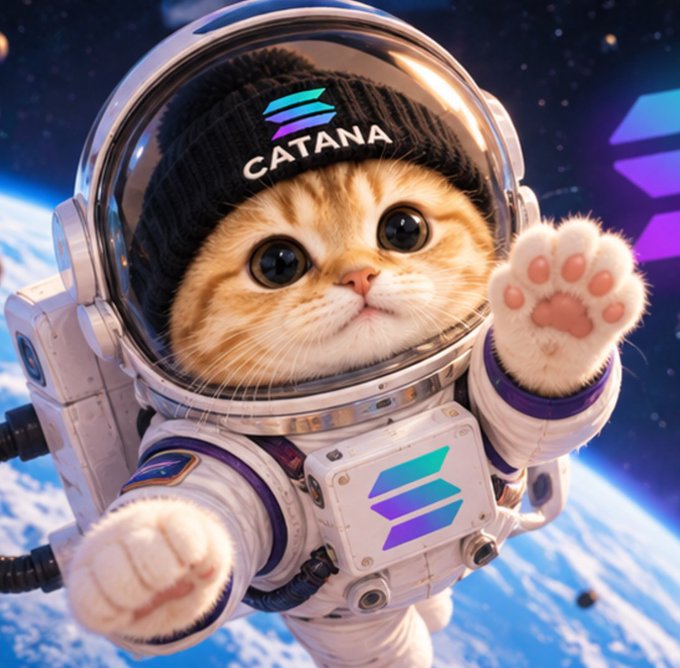 A cute orange tabby kitten wearing a space suit and beanie with the Solana logo and 'CATANA' text waves from outer space with Earth in the background.