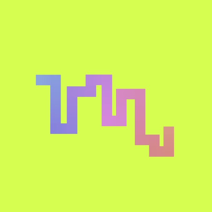 A pixelated graphic featuring blue and pink geometric shapes resembling a heartbeat or audio waveform on a bright lime green background.