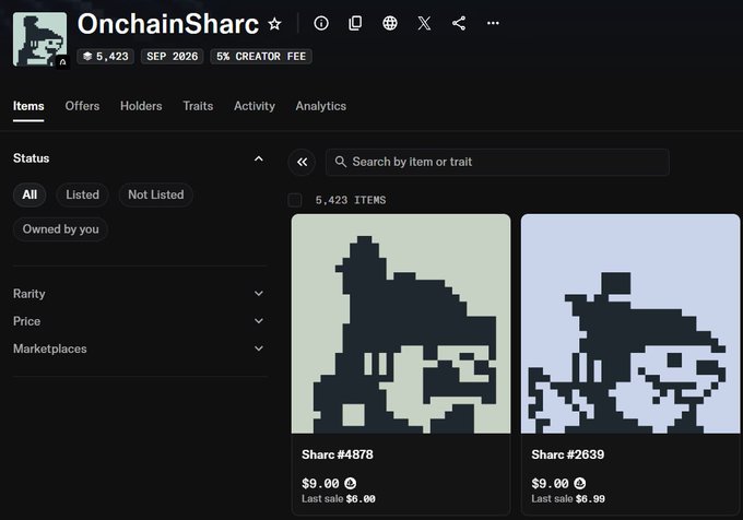 Screenshot of the 'OnchainSharc' NFT collection page showing 5,423 items with a 5% creator fee, displaying pixel-art 'Sharc' characters like Sharc #4876 ($9.00) and Sharc #2639 ($9.00).