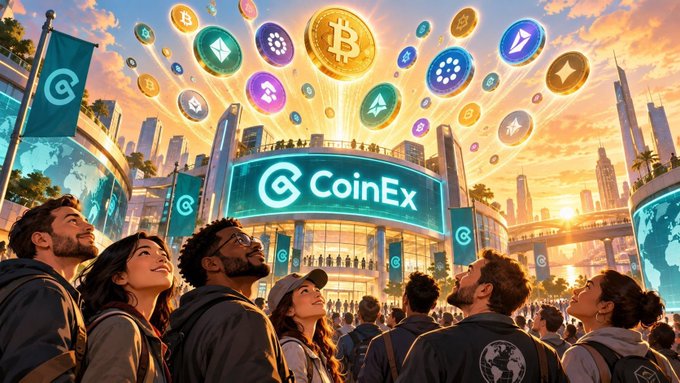 A colorful, stylized illustration of a crowd looking up at floating cryptocurrency coins above a building displaying a glowing 'CoinEx' sign.