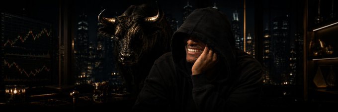 A hooded figure grins mischievously in a dimly lit room beside a dark bull statue, with a city skyline and stock chart visible in the background—evoking the speculative, momentum-driven tone of the $DEALER post about watching community strength build before committing.