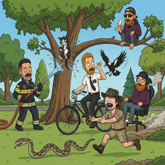 A cartoon illustration depicts a chaotic park scene where a firefighter sprays a cat stuck in a tree, startling a man on a bicycle while other characters watch, and a snake slithers in the foreground.