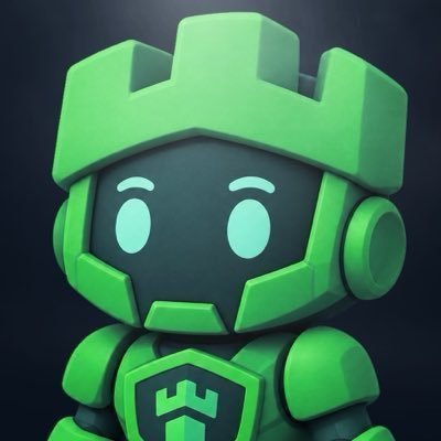 A 3D-rendered green robot character with a helmet-like head and a castle symbol on its chest stands against a dark background.