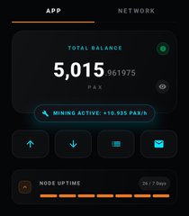 A mobile app interface shows a TOTAL BALANCE of 5,015 PAX with 'MINING ACTIVE +10,935 PAX/h' and a node uptime of 24h/7Days.