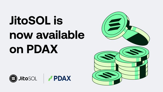 A promotional announcement stating 'JitoSOL is now available on PDAX', featuring the JitoSOL and PDAX logos alongside an illustration of stacked green Solana coins.
