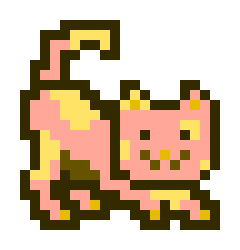 Pixel art illustration of a pink and yellow cat with a smiling face and curled tail.