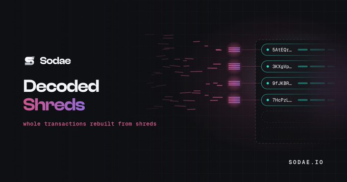 A dark promotional graphic for 'Sodae' titled 'Decoded Shreds' with the tagline 'whole transactions rebuilt from shreds,' showing pink data fragments being assembled into transaction hashes, branded with 'sodae.io'.