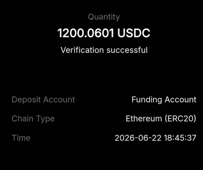 The image shows a successful verification screen for a deposit of 1200.0601 USDC via Ethereum (ERC20) on June 22, 2026, dated 2026-06-22 at 18:45:37. It appears to illustrate a crypto transaction, tying into the post's theme of web3 job opportunities by visually representing the kind of blockchain financial activity associated with the industry.