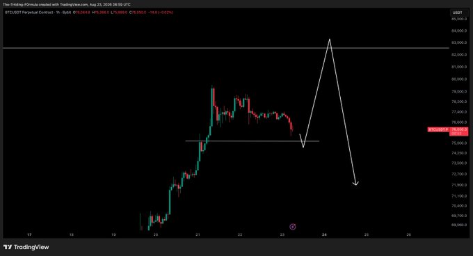 A TradingView chart of BTCUSDT Perpetual Contract on Bybit shows a 1-hour timeframe price action, with white arrows indicating an expected sharp drop from around $83,000 down to the $73,000 support level before a potential rebound. The post aligns with this bearish short-term outlook, suggesting patience as the price moves toward the target before considering long positions again.
