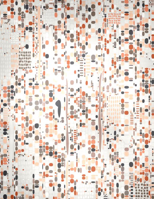 An abstract pattern composed of various circles and dots in orange, black, gray, and white colors arranged in vertical columns on a white background.
