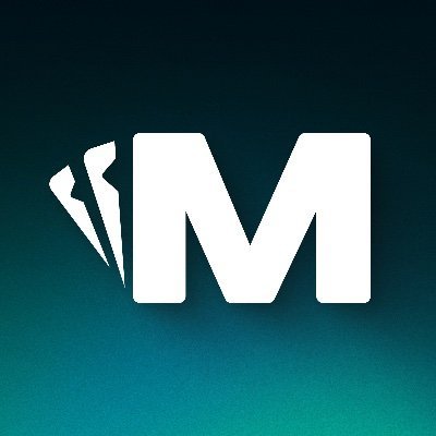 A white 'M' logo with jagged edges resembling playing cards against a dark teal gradient background.