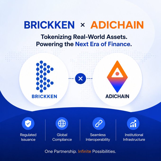 Promotional graphic announcing a 'BRICKKEN x ADICHAIN' partnership with the tagline 'Tokenizing Real-World Assets. Powering the Next Era of Finance,' featuring features like Regulated Issuance, Global Compliance, Seamless Interoperability, and Institutional Infrastructure.
