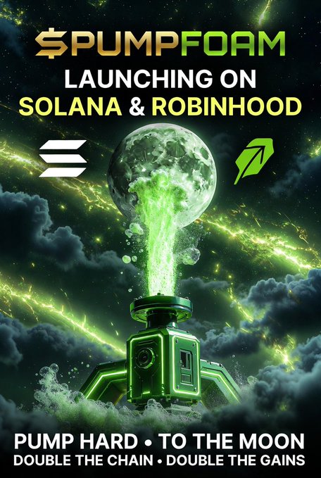 A promotional poster reads '$PUMPFOAM LAUNCHING ON SOLANA & ROBINHOOD' with the tagline 'PUMP HARD • TO THE MOON DOUBLE THE CHAIN • DOUBLE THE GAINS,' featuring a moon emitting green liquid into a pump.