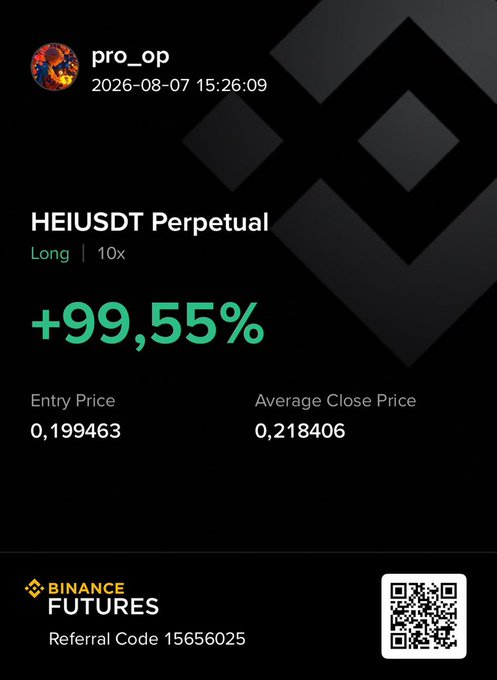 A Binance Futures profit screenshot for user pro__op showing a HEI/USDT Long 10x position with a +99.55% gain.