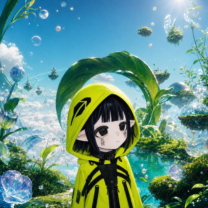 An anime-style illustration shows a girl with dark hair wearing a bright neon-green hooded jacket in a fantasy landscape with floating bubbles and plants.