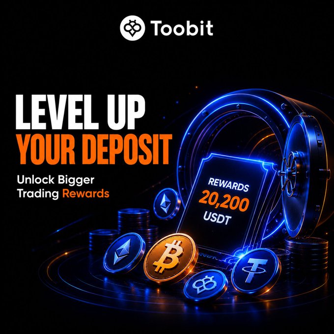A Toobit promotional advertisement reading 'LEVEL UP YOUR DEPOSIT - Unlock Bigger Trading Rewards' featuring cryptocurrency coins (ETH, BTC, USDT) and a vault graphic showing 20,200 USDT in rewards.