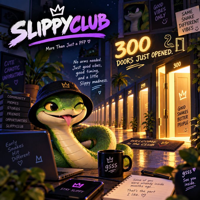 A promotional graphic for "SlippyClub - More Than Just a PFP" featuring an anthropomorphic green snake with a bucket hat, celebrating "300 DOORS JUST OPENED."