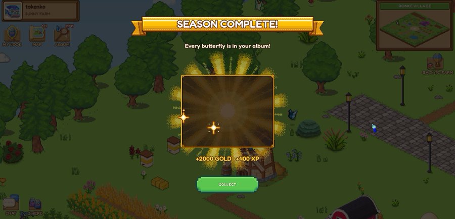 A screenshot from a farming simulation game displays a 'SEASON COMPLETE!' banner with the message 'Every butterfly is in your album!' and rewards of '+2000 GOLD +400 XP' above a green 'COLLECT' button.