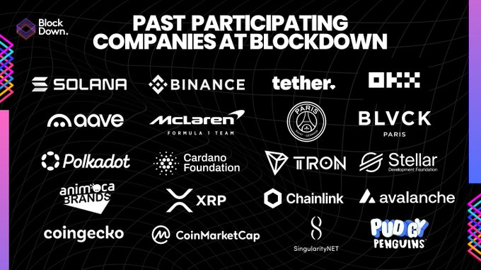 A promotional graphic displays 'PAST PARTICIPATING COMPANIES AT BLOCKDOWN,' listing logos for Solana, Binance, Tether, OKX, Aave, McLaren, PSG, BLVCK PARIS, Polkadot, Cardano Foundation, TRON, Stellar, Animoca Brands, XRP, Chainlink, Avalanche, CoinGecko, CoinMarketCap, SingularityNET, and Pudgy Penguins.
