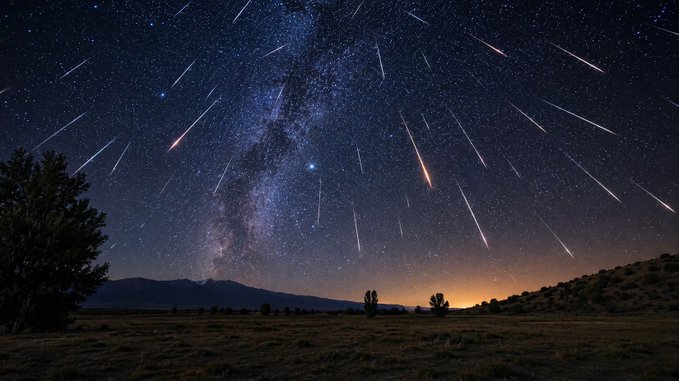 A stunning nightscape captures dozens of meteor streaks radiating across a star-filled sky, with the Milky Way's luminous band stretching vertically above a dark, silhouetted landscape of mountains and trees. Faint light pollution glows on the horizon, suggesting a distant town beneath the celestial display.