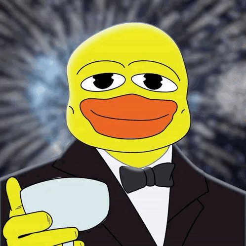 The image features a cartoon duck wearing a suit and tie holding a drink with a cup in its beak. The duck appears to be smiling while posing for the picture. The caption provided seems unrelated to the image, but it does contain some relevant information about an AI-powered social media platform called Focus on what is in the image and how it relates to the post.