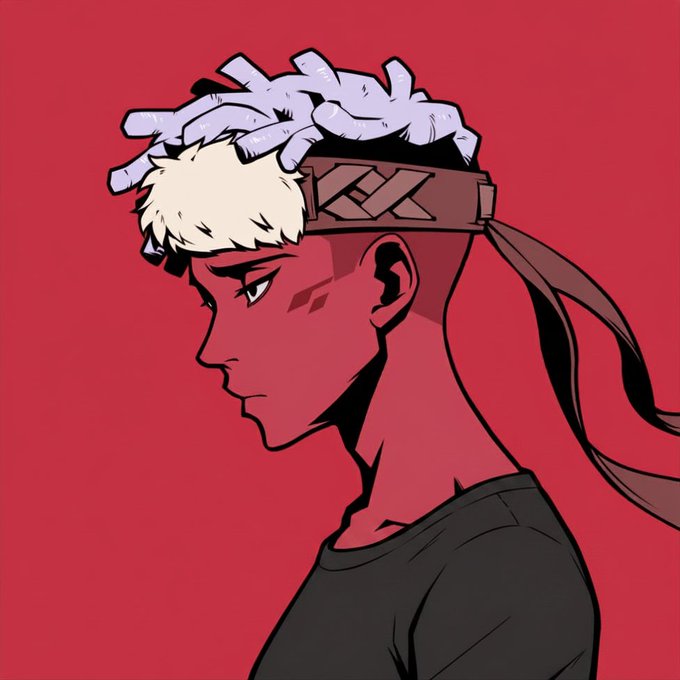An anime-style profile illustration of a character with light dreadlocks wearing a patterned headband against a solid red background.