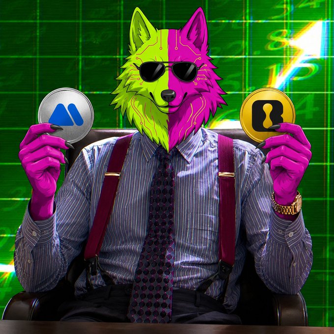 A surreal digital artwork of a figure in a blue striped shirt and suspenders, with a split neon-green and magenta wolf head wearing sunglasses, holding silver and gold coins against a bright green grid background.