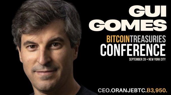 A promotional graphic featuring a man's portrait on the left and bold text on the right reading 'GUI GOMES - BITCOIN TREASURIES CONFERENCE, SEPTEMBER 28 • NEW YORK CITY, CEO.ORANJEBTC.B3,950.'