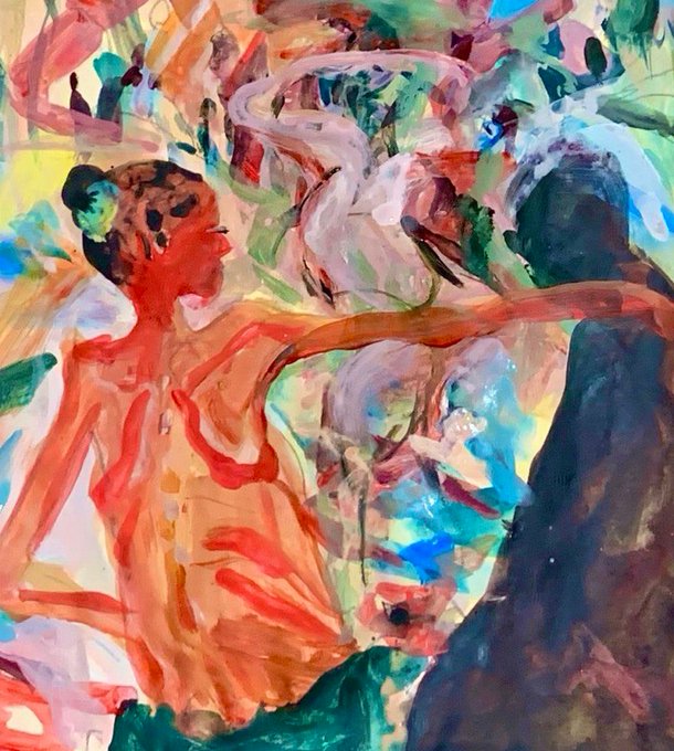 An abstract colorful painting with loose brushstrokes and partially recognizable human-like figures in orange, blue, pink, green, and dark tones.