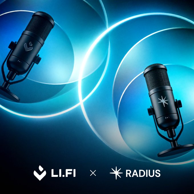 Promotional graphic featuring two black microphones with stylized logos against blue circular light patterns, displaying 'LI.FI × RADIUS' at the bottom.