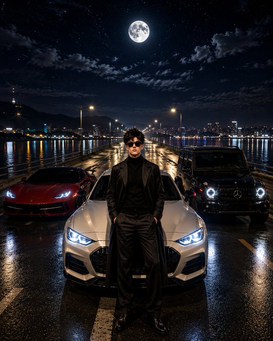 A stylish person in a black outfit and sunglasses stands on a wet road at night, flanked by a white sports car, a red car, and a black Mercedes G-Wagon, with a full moon and city skyline in the background.