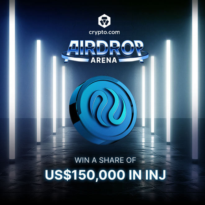 Crypto.com's Airdrop Arena promotion featuring a glowing blue token, offering users a share of US$150,000 in INJ rewards by allocating CRO, with a 120% points boost for purchasing and transferring at least 1,500 CRO, running from Sep 28 – Oct 28, 2026.