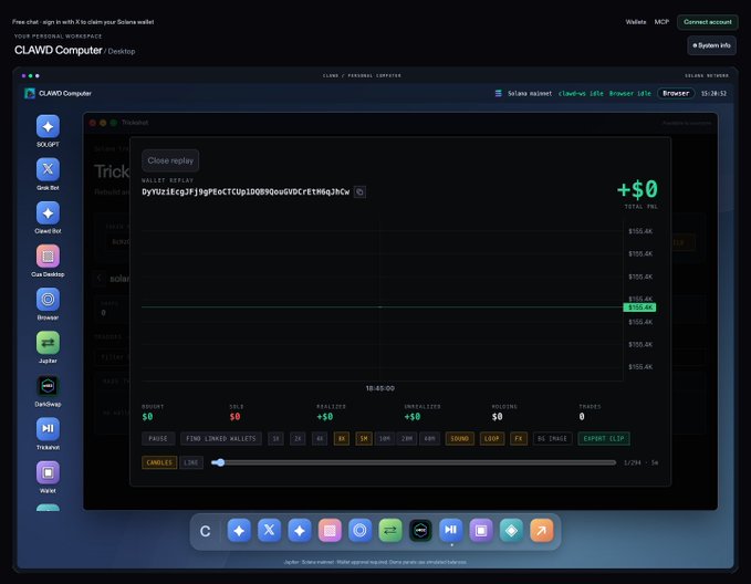 A screenshot of a web-based desktop environment called 'CLAWD Computer' featuring a window manager sidebar with app icons like SOLGPT, Grab Bot, and Crax Desktop, with a 'Trickout' terminal window showing a wallet replay and zero balance.