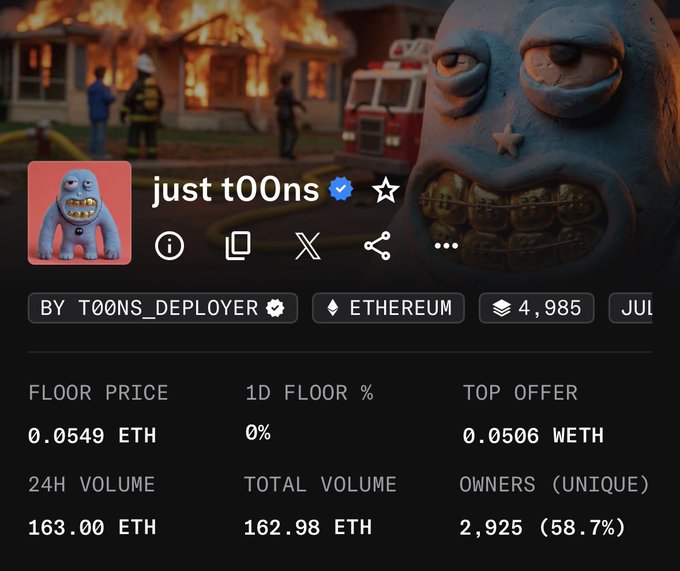 An NFT collection page for 'just t00ns' on Ethereum showing a blue cartoon monster, with floor price 0.0549 ETH, top offer 0.0506 WETH, 24H volume 163.00 ETH, and 2,925 unique owners.
